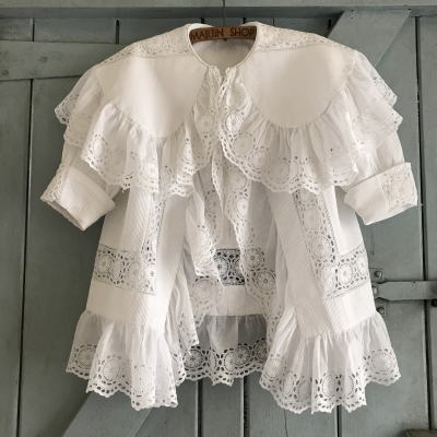 E-799　フランスアンティークベビーコート/ベビーマント/ベビー服　マシーンレース＆コットンピケ 50cm