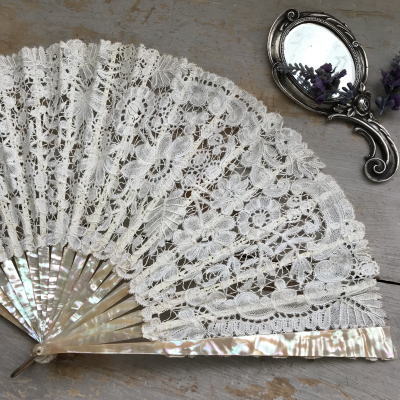 E-833 フランスアンティーク19世紀レース扇子/エヴァンタイユ 白蝶貝