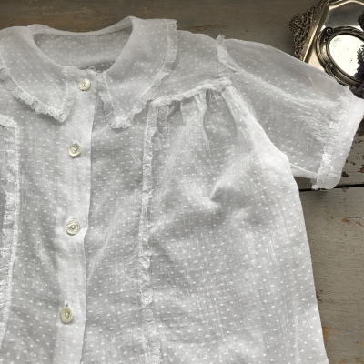E-844 フランスアンティークチャイルドブラウス/ドール/ベビー服　コットンガーゼ＆レース 48cm