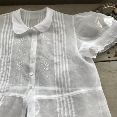 E-845 フランスアンティークチャイルドブラウス/ドール/ベビー服　リネンオーガンジー 39cm