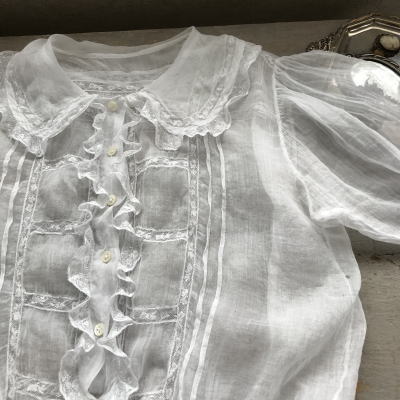 E-846 フランスアンティークチャイルドブラウス/ドール/ベビー服　19世紀ブラウス　綿ローン＆レース 47cm