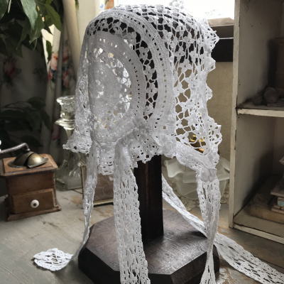 E-879　フランスアンティークドール/ベビーハット/ボネ　コットンクロシェレース