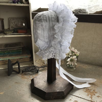 E-952 フランスアンティークドールハット/ベビーハット/ボネ　手刺繍コットン＆レース