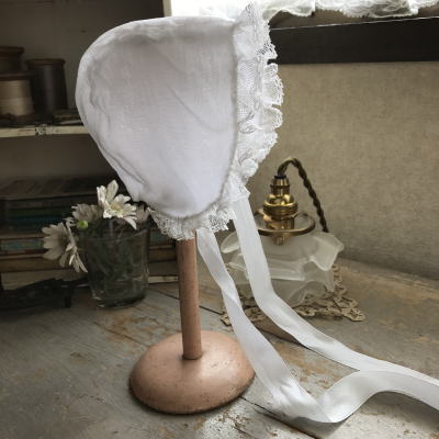 E-964 フランスアンティークドールハット/ベビーハット/ボネ　オーガンジーコットン＆レース