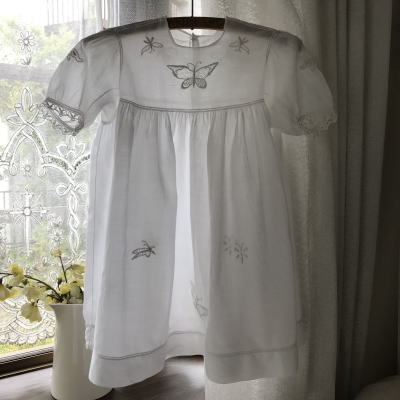 E-973 フランスアンティークベビードレス/ドールドレス　手刺繍コットンローン＆ボビンレース 52cm