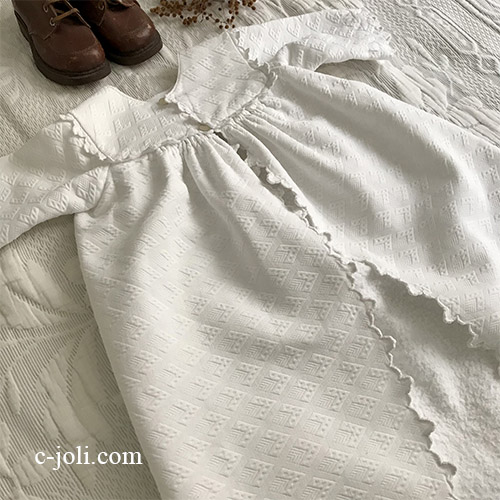 E1051 フランスアンティークベビーコート/ベビー服/セレモニードレス　手刺繍モノグラム＆手刺繍コットンピケ 77cm