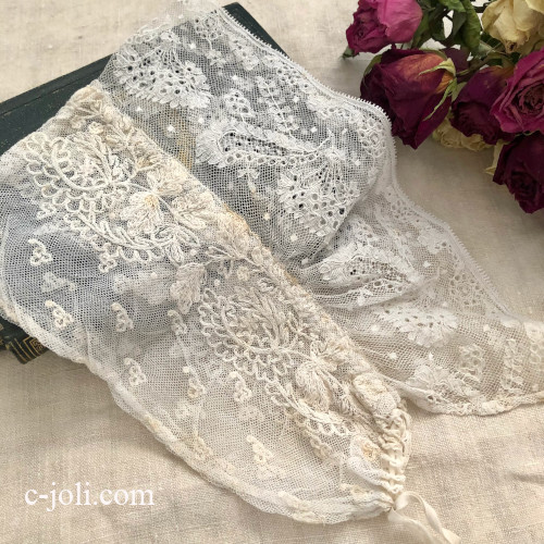 【パリ発送】E1105 フランスアンティークチャイルドハット/ベビー帽子/ベビーボネ　マシーン刺繍リネンチュールレース