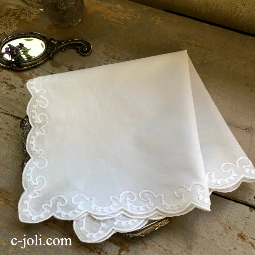 E1114 フランスアンティークブライダルハンカチ/マリアージュ　コーネリー刺繍コットン花嫁ハンカチ 42x42cm