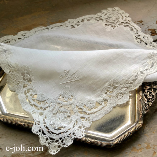 E1119 フランスアンティークブライダルハンカチ/マリアージュ　麻ローン＆ポワンドガーズ＆ボビンレース花嫁ハンカチ 30x30cm