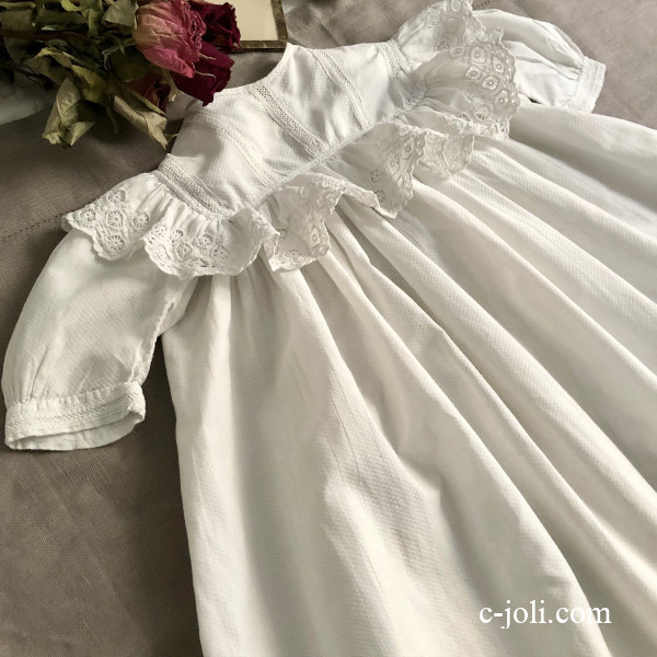 フランスアンティーク　Bebeの白い刺繍入りベビードレス パリ発送】E1131 フランスアンティークベビードレス/セレモニードレス