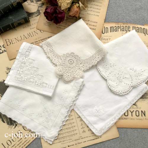 【パリ発送】E1152 フランスアンティークレース＆刺繍ハンカチ5枚  ドロンワークコットン/ケミカルレース/手刺繍リネン/コットンハンカチ