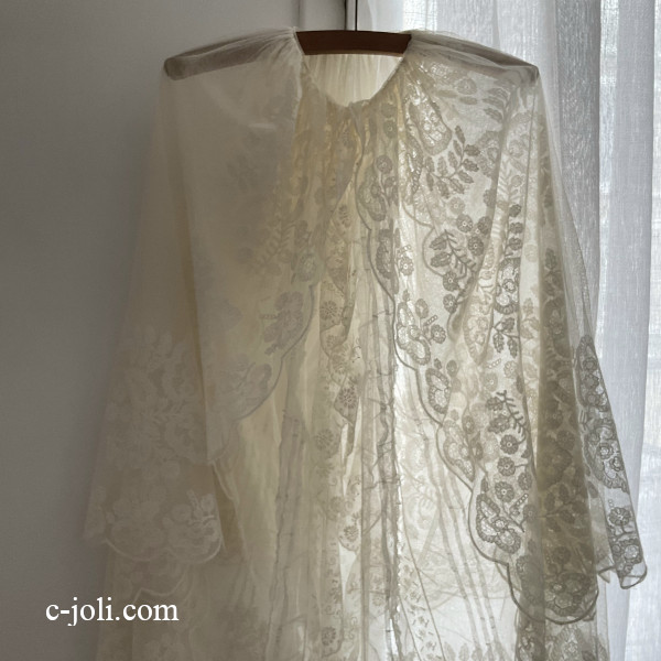 【パリ発送】E1207 フランスアンティークベビーレースケープ/セレモニードレス/洗礼服/ドールドレス　19世紀レースケープ 114cm