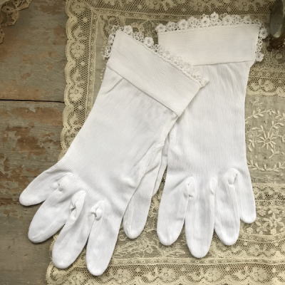 【日本発送】F-078 フランスアンティークコットン手袋　コットン＆ケミカルレース手袋　ホワイト