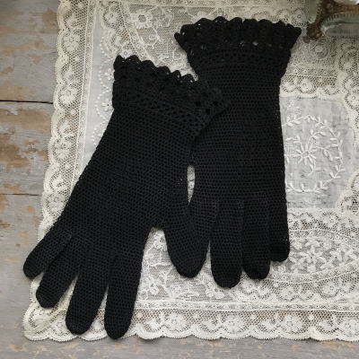 F-082 フランスアンティークレース手袋 リネンクロシェレース手袋 ブラック