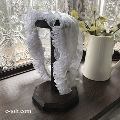 F-084 フランスアンティークレースボネ　コットンチュールレース帽子　大人帽子