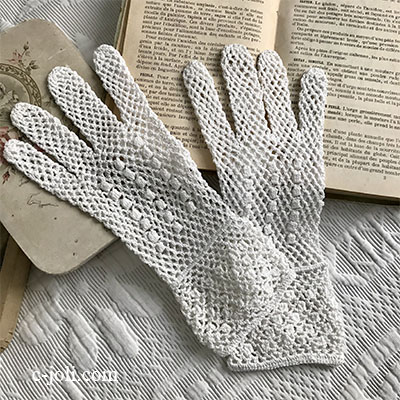【パリ発送】F-088 フランスアンティークレース手袋　リネンクロシェレース手袋　ホワイト