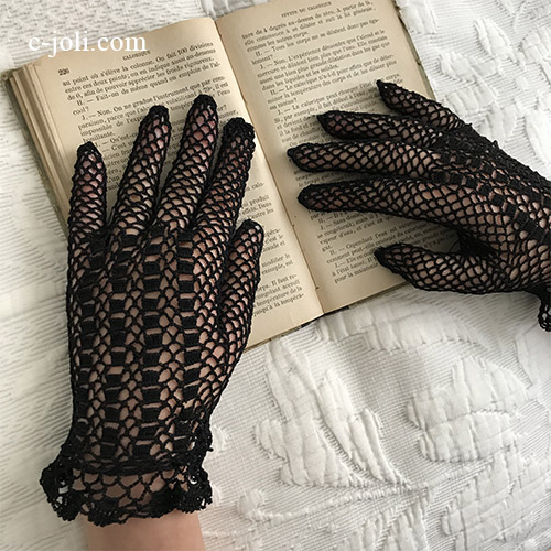 【パリ発送】F-099 フランスアンティークレース手袋/セレモニーグローブ　コットンクロシェレース手袋  ブラック/黒