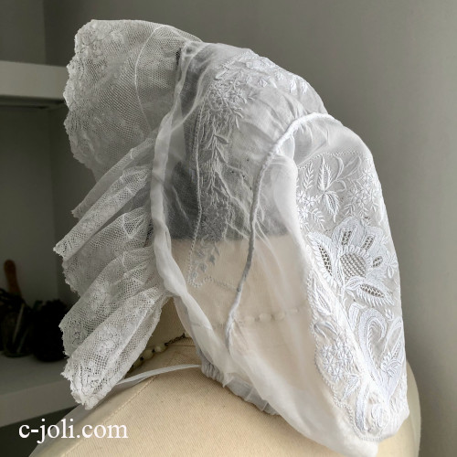 【パリ発送】F-107 フランスアンティークレース＆麻ローンボネ　ホワイトワーク手刺繍リネン＆ヴァランシエンヌレース　大人帽子