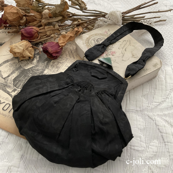 【パリ発送】F-109 フランスアンティークバッグ/パーティバッグ　シルクイブニングバッグ　黒