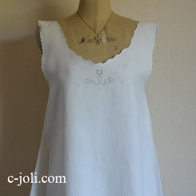 【日本発送】G-120　フランスアンティークリネンワンピース/部屋着/チュニック　カットワーク手刺繍リネンキャミワンピ 95cm