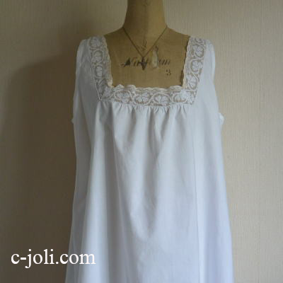 【日本発送】G-136　フランスアンティークコットンキャミソールワンピース　ハンドワークフィレレース＆手刺繍モノグラム 95cm