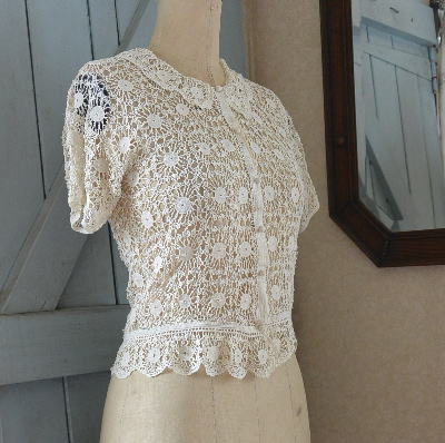 G-206　フランスアンティークレースブラウス/レースカーディガン　リネンクロシェレース 50cm