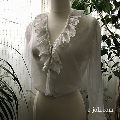 【パリ発送】G-314 フランスアンティークレース＆綿ローンブラウス　手刺繍コットンローン＆レースブラウス