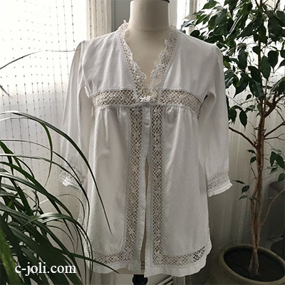 G-319 フランスアンティークブラウス/トップス　ダマスク織コットンピケ＆ボビンレースブラウス