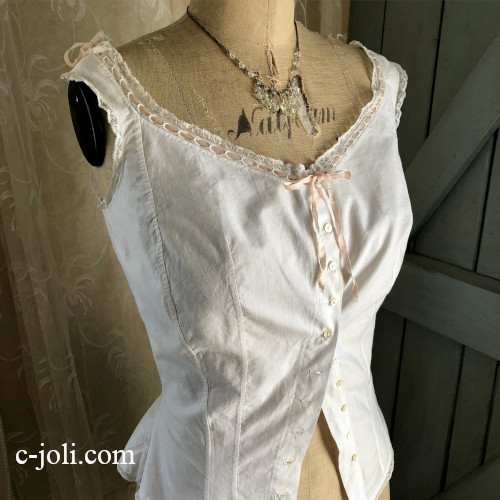 G-345 フランスアンティークコットンキャミソール　手刺繍モノグラムコットン＆ヴァランシエンヌレース＆シルクリボン