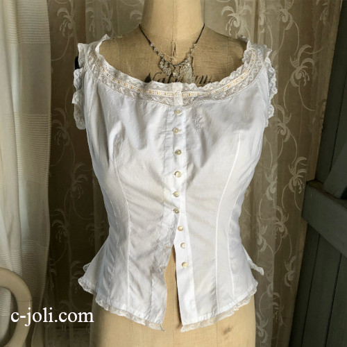 G-346 フランスアンティークコットンキャミソール　手刺繍モノグラムコットン＆ヴァランシエンヌレース＆シルクリボン