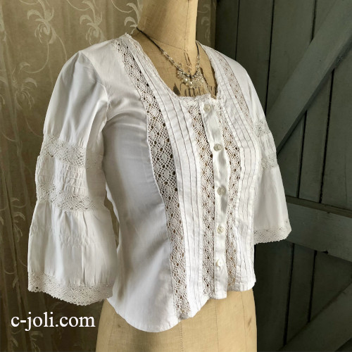 【日本発送】G-348 フランスアンティークコットンブラウス　ボビンレース＆コットン七分袖ブラウス
