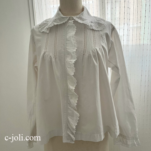 【パリ発送】G-359 フランスアンティークブラウス/トップス　ホワイトワーク手刺繍コットンブラウス