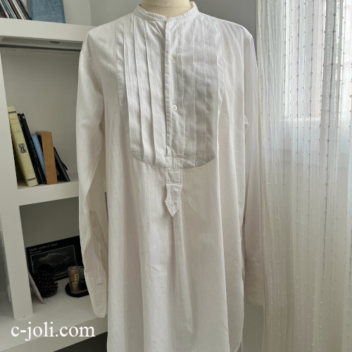 【パリ発送】G-365  フランスアンティークコットンワークシャツ/メンズシャツ　手刺繍モノグラムホワイトシャツ 96cm