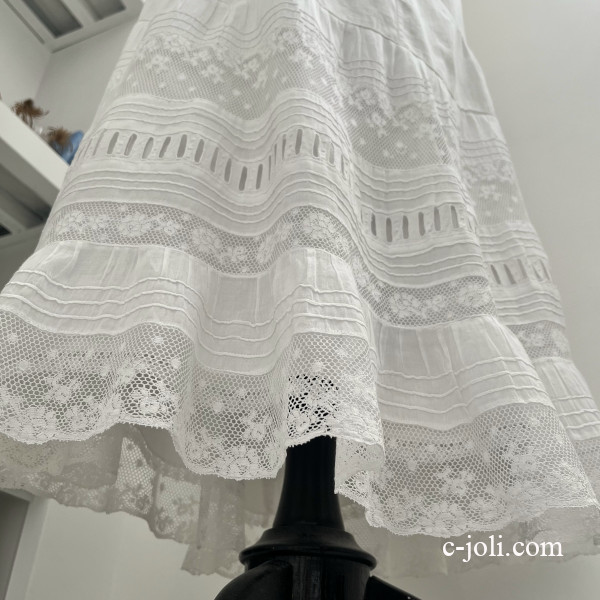 【パリ発送】G-369 フランスアンティークコットンスカート/ペチコート/ペチスカート　手刺繍コットン＆ヴァランシエンヌレース 85cm