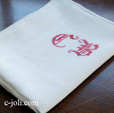 【日本発送】K-154　フランスアンティークリネン　手刺繍モノグラム　リネンクロス