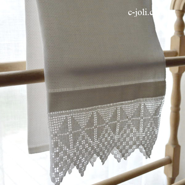 【日本発送】K-416　イギリスアンティークリネンタオル　クロシェレース＆リネンゲストタオル