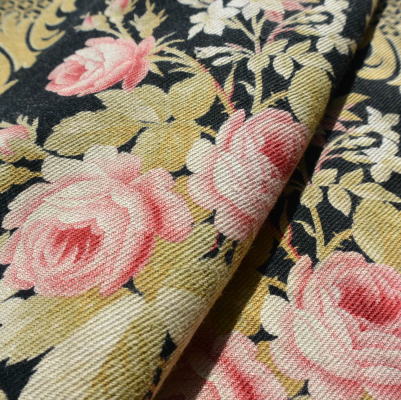 【日本発送】K-623　フランスアンティーク布　ローズ柄コットンファブリック/カーテン地 158x200cm