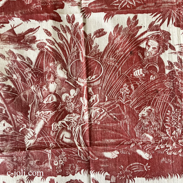 【日本発送】K-661　フランスアンティークトワルドジュイ　19世紀Toile de Jouyコットンファブリック 51x58cm