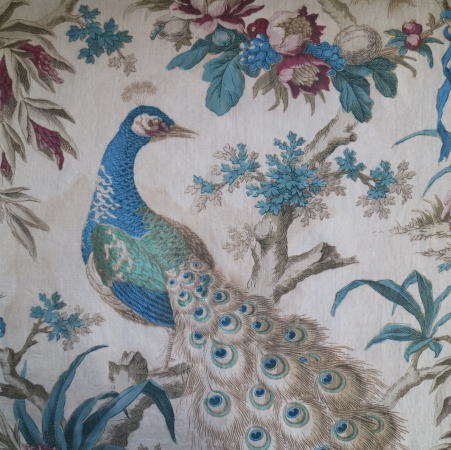 K-720　フランスアンティークリネンファブリック/麻生地　19世紀リネン花鳥柄 1m40