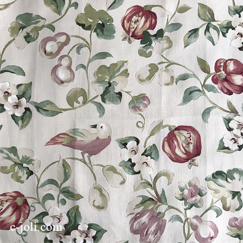 【パリ発送】K-785 フランスアンティーク生地/アンティーク布/アンティークファブリック ブロックプリント花鳥柄リネン布 65x94cm