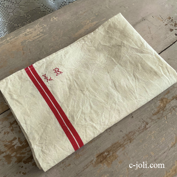 【日本発送】K-829 ドイツアンティークリネントーション/キッチンクロス　手刺繍クロスステッチ＆赤ラインリネンクロス 77cm