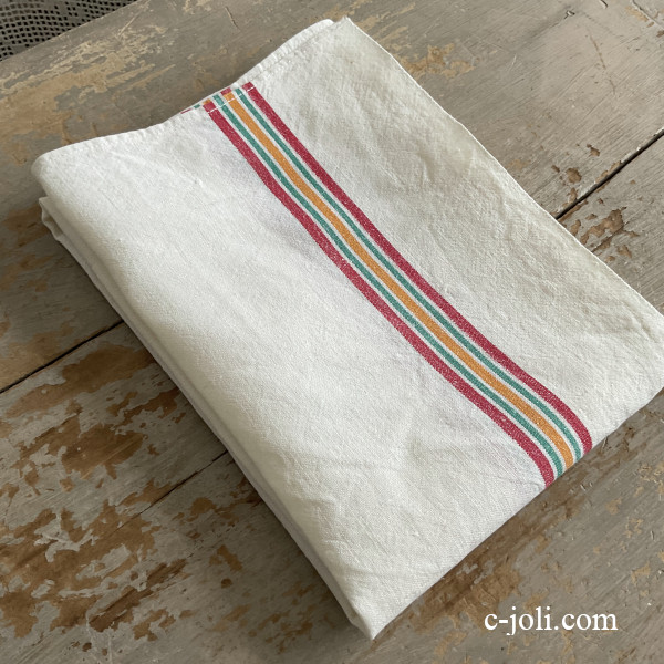 【日本発送】K-831 フランスアンティークリネントーション/キッチンクロス　赤緑橙ラインリネンクロス 70cm