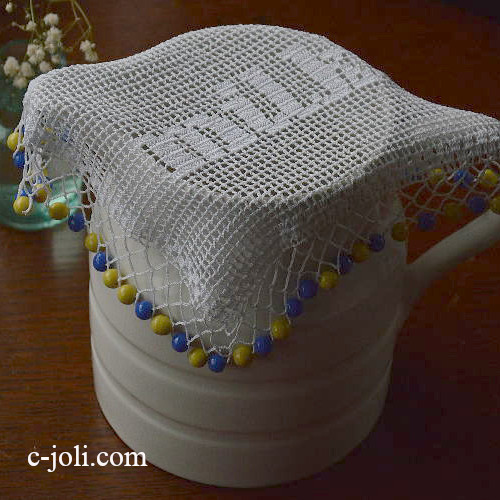 【日本発送】L-003　イギリスアンティークレースジャグカバー　ガラスビーズMILKミルクジャグカバー