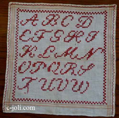 【日本発送】L-126　オランダアンティークリネン＆手刺繍　スクールサンプラー