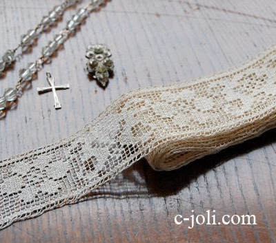 【日本発送】L-418　フレンチアンティークレース　麻フィレレース1m84