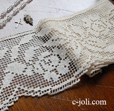 【日本発送】L-421　フレンチアンティークレース　麻フィレレース1m84