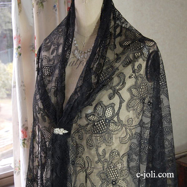 【日本発送】L-591　フレンチアンティークレース　リネン黒レース 2m55