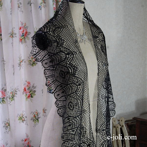 【日本発送】L-598　フレンチアンティークレース　ブラックレース　リネン3m10