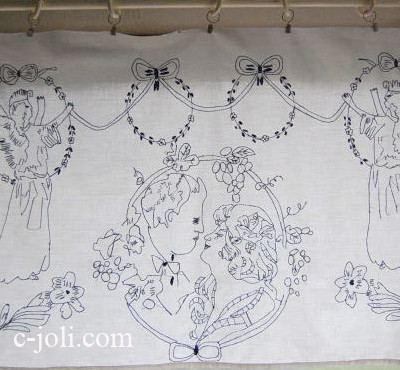 【日本発送】L-861　フレンチアンティークコットン　手刺繍クロス　ブルー