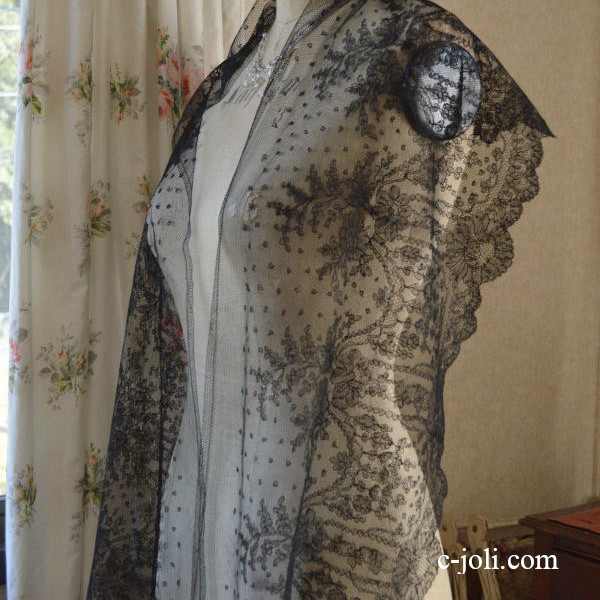 【日本発送】L1129　フランスアンティークレース幅広　リネン黒レース/ブラックレース　88cm